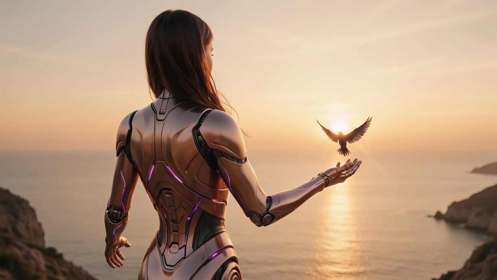 Figura feminina cibernética e humanizada libertando um pássaro ao pôr do sol — superação e reconexão